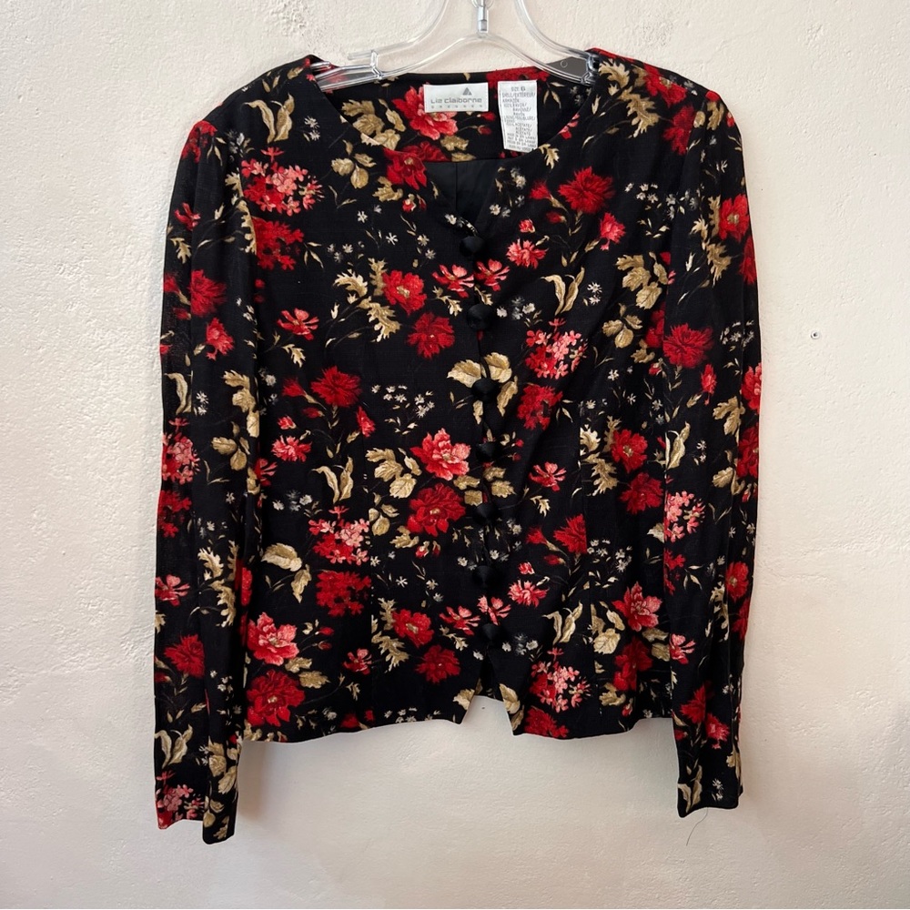LIZ CLAIBORNE Vintage Skirt Set Black w Flowers Button Top Straight Skirt Size 8 - Picture 3 of 12